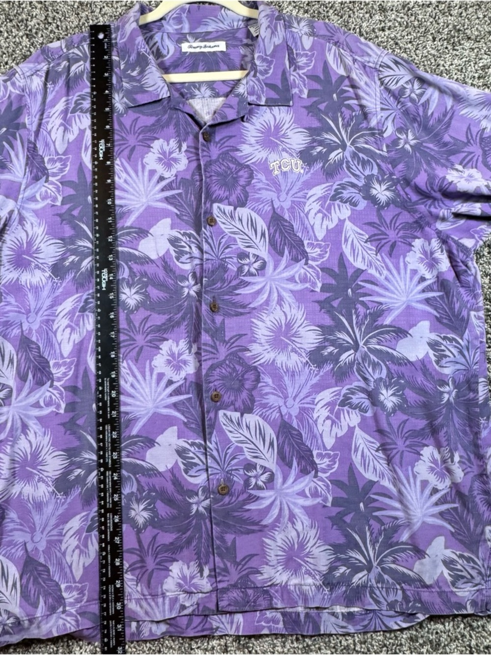Tommy Bahama TCU Frogs 100% Silk Mens XXL Purple Hawaiian Button Up Shirt NCAA - Picture 7 of 8